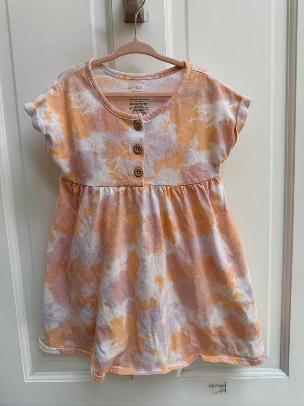 Grayson Mini 5T Girls Tie-Dye Short Sleeve  Dress with Buttons - Peach & White